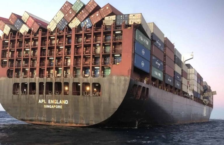 Toppled containers on container ship